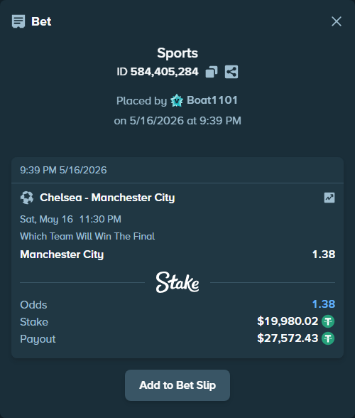 Bet slip: Chelsea - Manchester City, $20,000.00 stake at 1.38 odds, placed by Boat1101