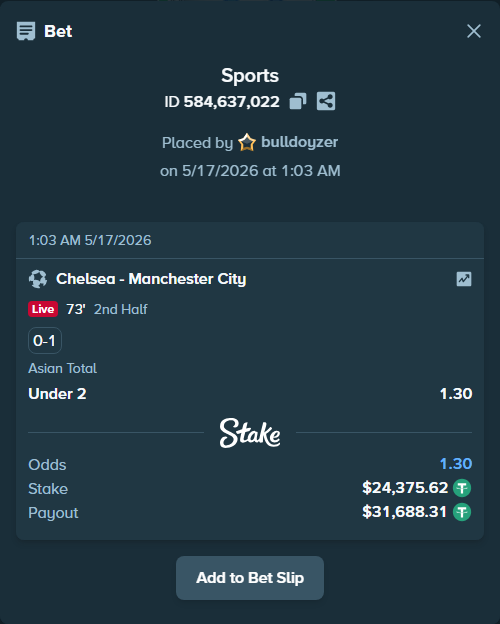 Bet slip: Chelsea - Manchester City, $24,400.00 stake at 1.30 odds, placed by bulldoyzer