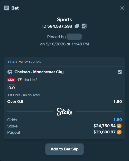 Bet slip: Chelsea - Manchester City, $20,382.55 stake at 1.60 odds, placed by ninafreak
