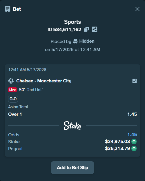 Bet slip: Chelsea - Manchester City, $25,000.00 stake at 1.45 odds, placed by Hidden