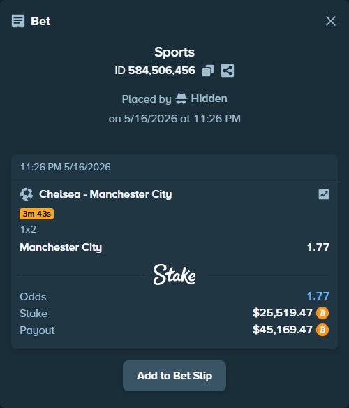 Bet slip: Chelsea - Manchester City, $21,032.16 stake at 1.77 odds, placed by Hidden
