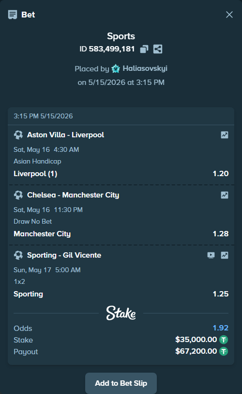 Bet slip: Chelsea - Manchester City, $35,000.00 stake at 1.28 odds, placed by Haliasovskyi