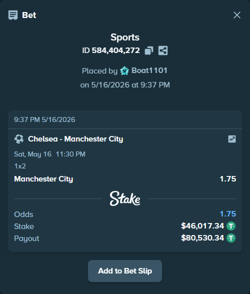 Bet slip: Chelsea - Manchester City, $46,063.35 stake at 1.75 odds, placed by Boat1101