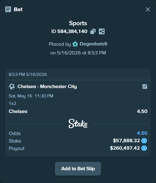 Bet slip: Chelsea - Manchester City, $57,888.32 stake at 4.50 odds, placed by Degenbetz6