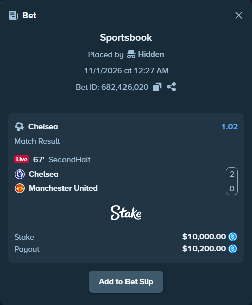 Bet slip: Chelsea - Manchester United, $10,000.00 stake at 1.02 odds, placed by joarug