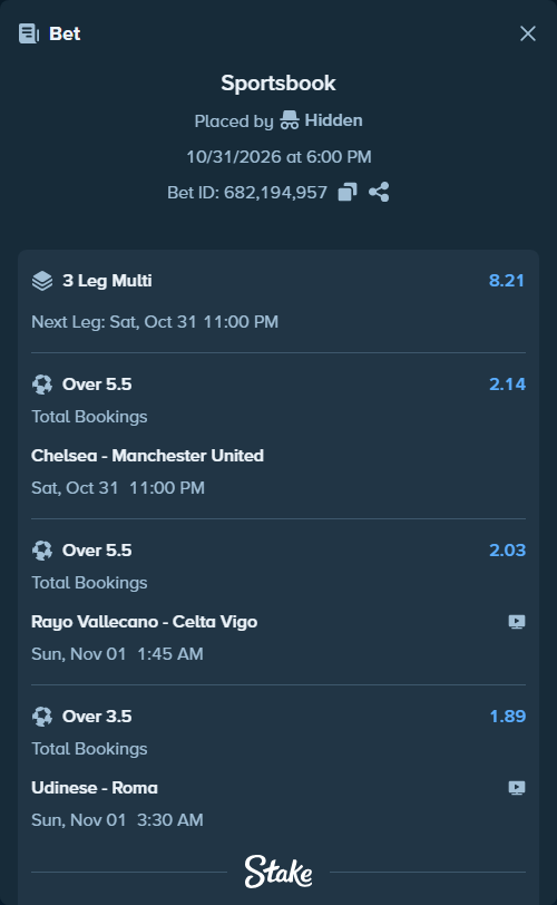 Bet slip: Chelsea - Manchester United, $23,895.03 stake at 2.14 odds, placed by Hidden