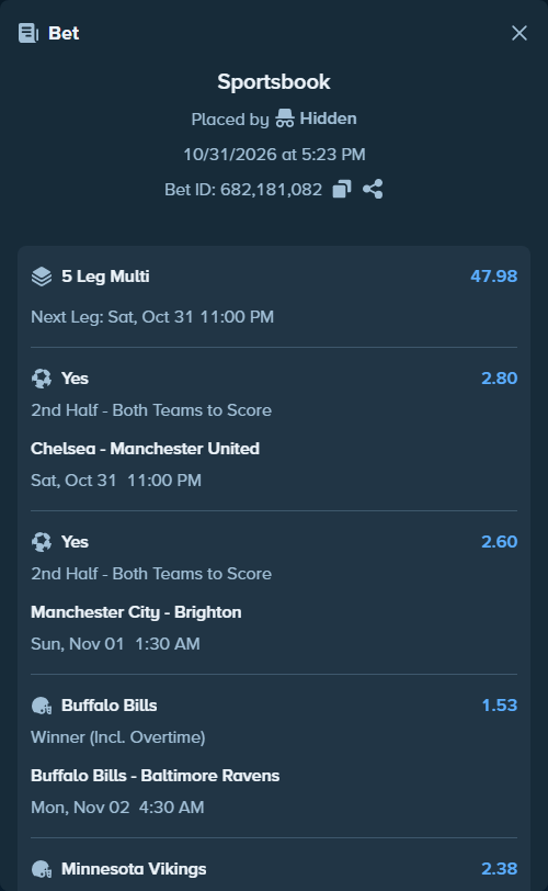 Bet slip: Chelsea - Manchester United, $25,000.00 stake at 2.80 odds, placed by Hidden