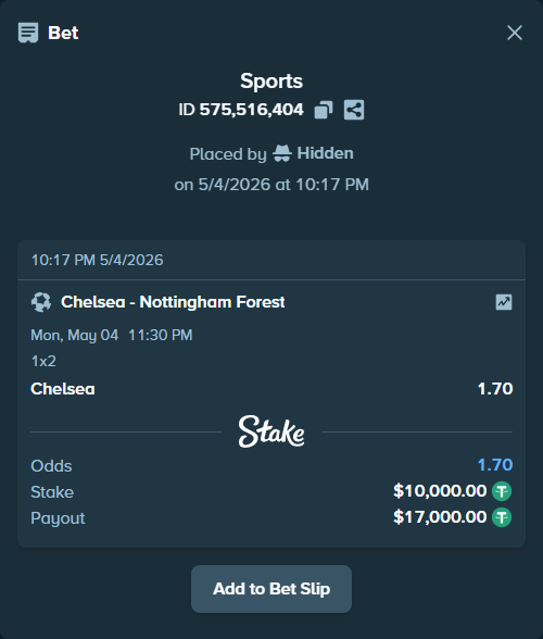 Bet slip: Chelsea - Nottingham Forest, $10,000.00 stake at 1.70 odds, placed by guyTONS23