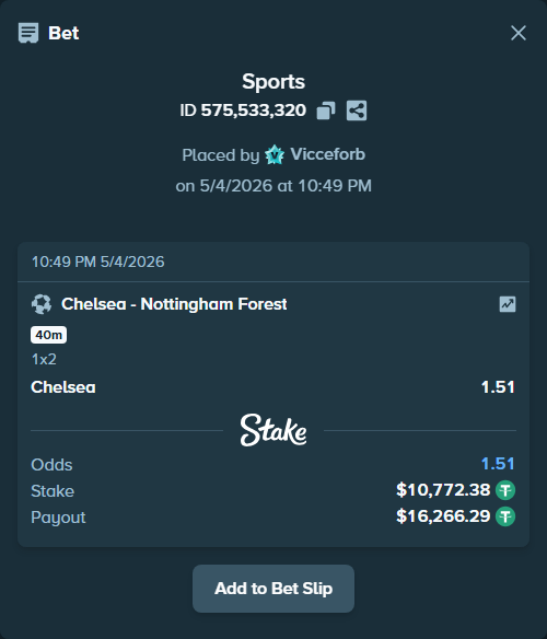Bet slip: Chelsea - Nottingham Forest, $10,772.38 stake at 1.51 odds, placed by Vicceforb