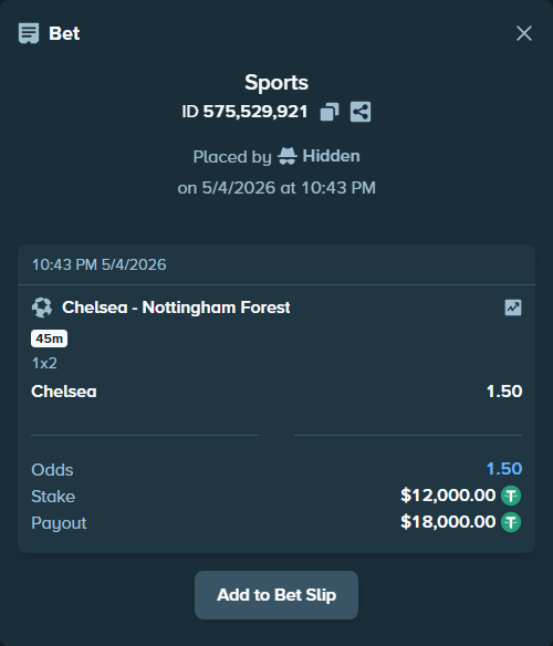 Bet slip: Chelsea - Nottingham Forest, $12,000.00 stake at 1.50 odds, placed by guyTONS23
