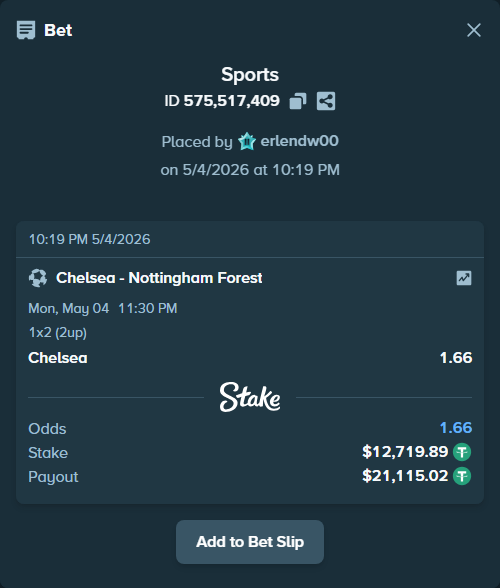 Bet slip: Chelsea - Nottingham Forest, $12,719.89 stake at 1.66 odds, placed by erlendw00