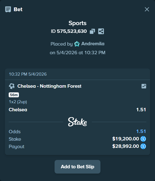 Bet slip: Chelsea - Nottingham Forest, $19,200.00 stake at 1.51 odds, placed by Andremila