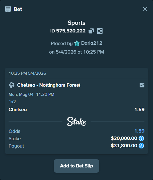 Bet slip: Chelsea - Nottingham Forest, $20,000.00 stake at 1.59 odds, placed by Daria212