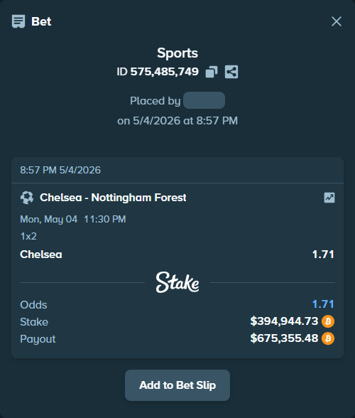 Bet slip: Chelsea - Nottingham Forest, $321,410.00 stake at 1.71 odds, placed by Aone22