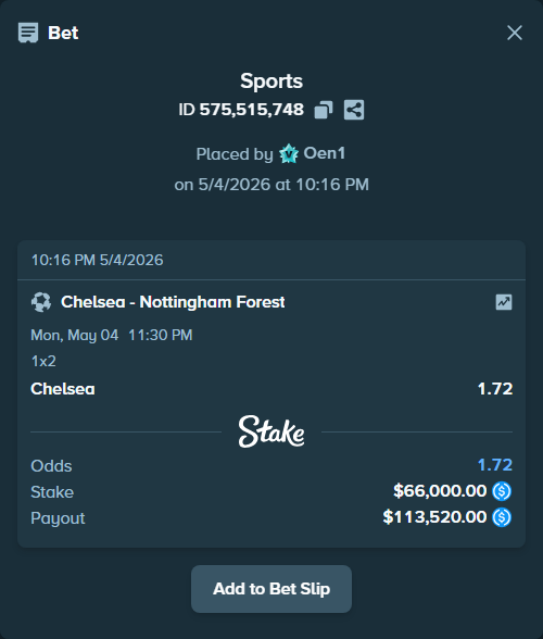 Bet slip: Chelsea - Nottingham Forest, $66,000.00 stake at 1.72 odds, placed by Oen1