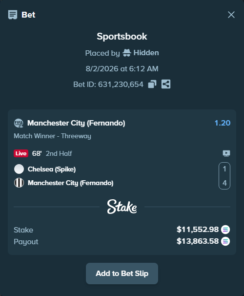 Bet slip: Chelsea (Spike) - Manchester City (Fernando), $11,753.77 stake at 1.20 odds, placed by Hidden