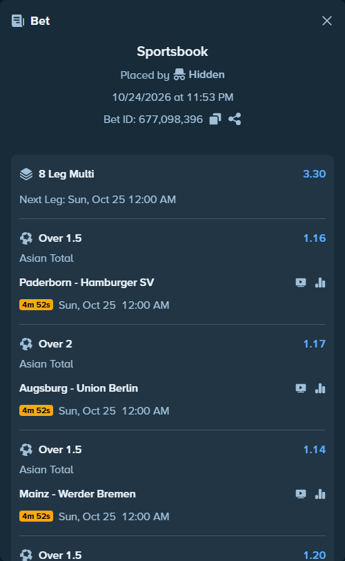 Bet slip: Chelsea - Tottenham, $10,000.00 stake at 1.14 odds, placed by Hidden