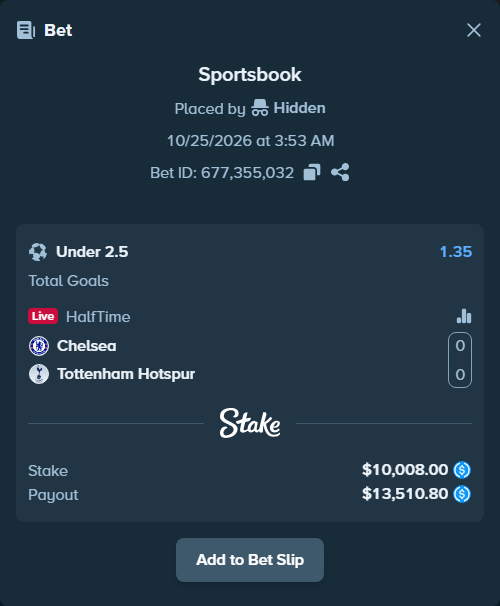 Bet slip: Chelsea - Tottenham, $10,008.00 stake at 1.35 odds, placed by Charskjerdal