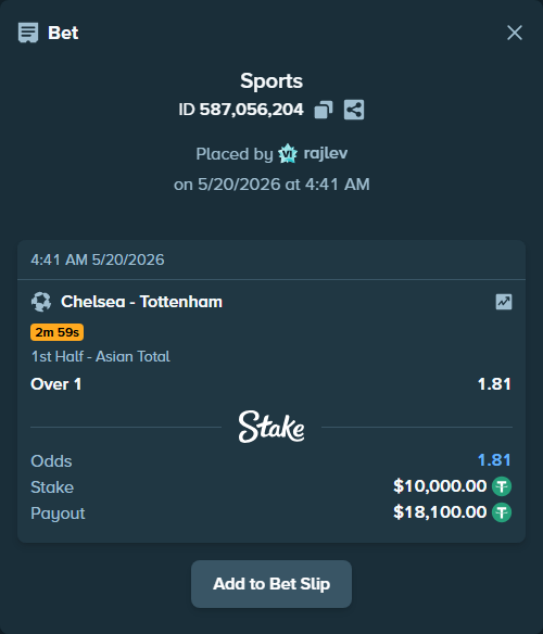 Bet slip: Chelsea - Tottenham, $10,010.00 stake at 1.81 odds, placed by rajlev