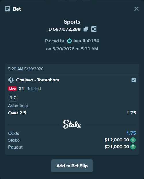 Bet slip: Chelsea - Tottenham, $12,012.00 stake at 1.75 odds, placed by hmutlu0134