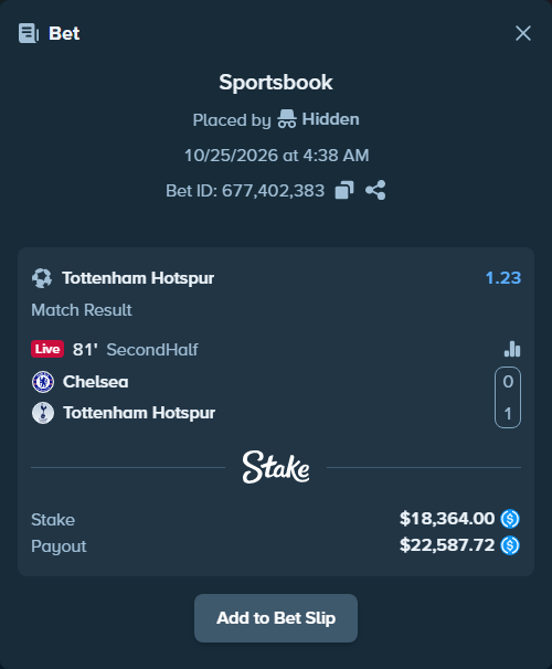Bet slip: Chelsea - Tottenham, $18,364.00 stake at 1.23 odds, placed by martinesor