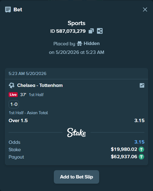 Bet slip: Chelsea - Tottenham, $20,000.00 stake at 3.15 odds, placed by Hidden