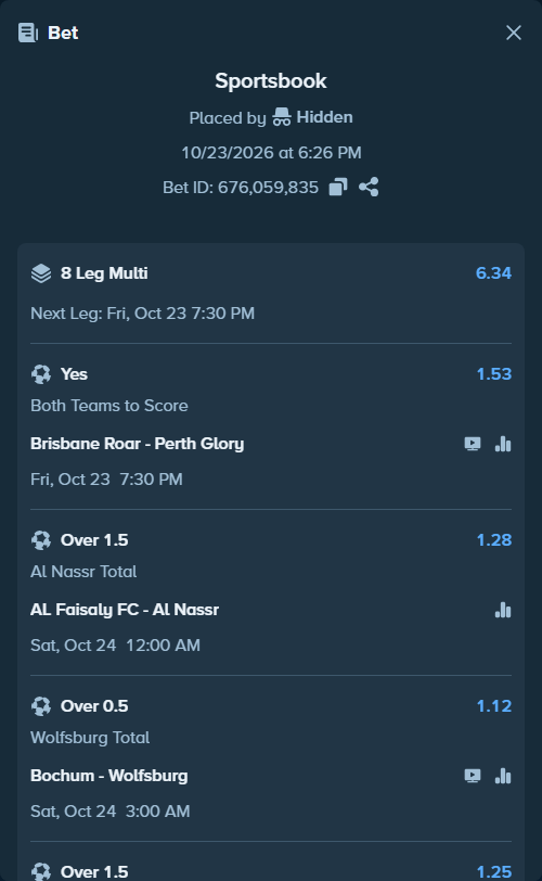 Bet slip: Chelsea - Tottenham, $22,117.09 stake at 1.11 odds, placed by Hidden