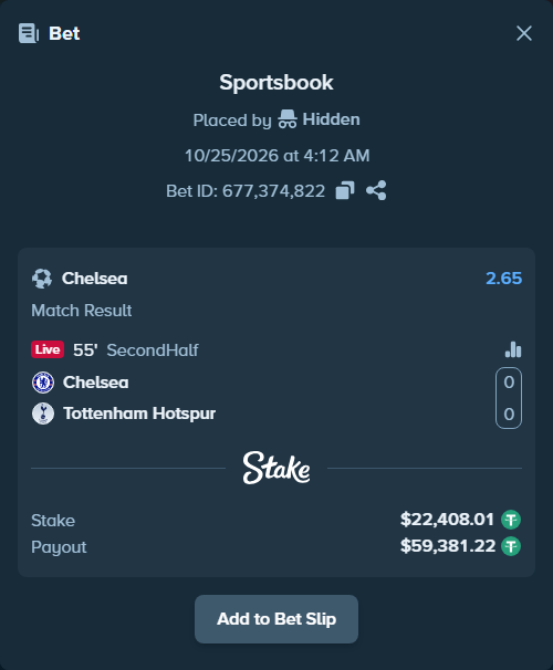 Bet slip: Chelsea - Tottenham, $22,430.42 stake at 2.65 odds, placed by Hidden