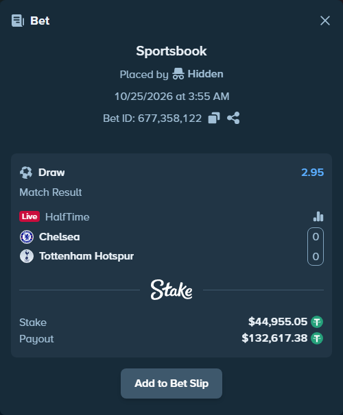 Bet slip: Chelsea - Tottenham, $45,000.00 stake at 2.95 odds, placed by TheEarlinGrey