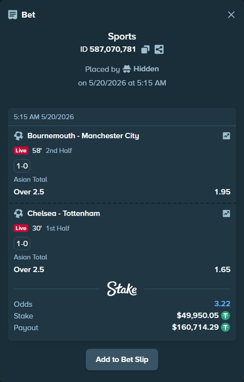 Bet slip: Chelsea - Tottenham, $50,000.00 stake at 1.65 odds, placed by Hidden