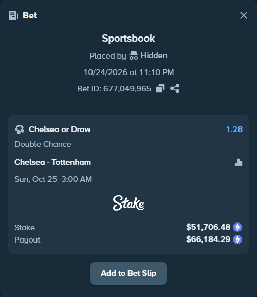 Bet slip: Chelsea - Tottenham, $51,544.95 stake at 1.28 odds, placed by Coco43pl