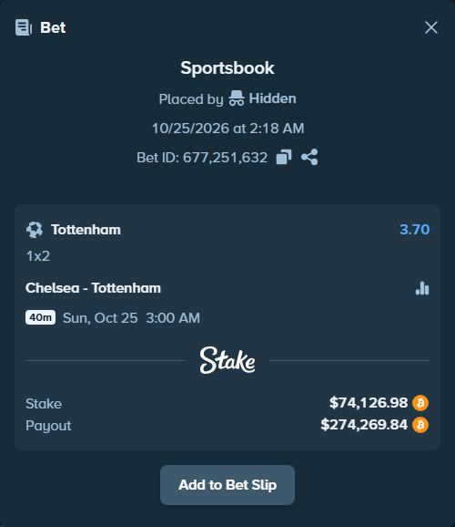 Bet slip: Chelsea - Tottenham, $75,208.48 stake at 3.70 odds, placed by Lilyoung07