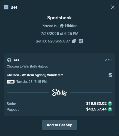 Bet slip: Chelsea - Western Sydney Wanderers, $20,000.00 stake at 2.13 odds, placed by Hidden