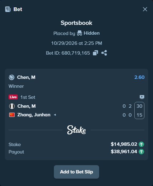 Bet slip: Chen, M - Zhang, Junhan, $15,000.00 stake at 2.60 odds, placed by Hidden