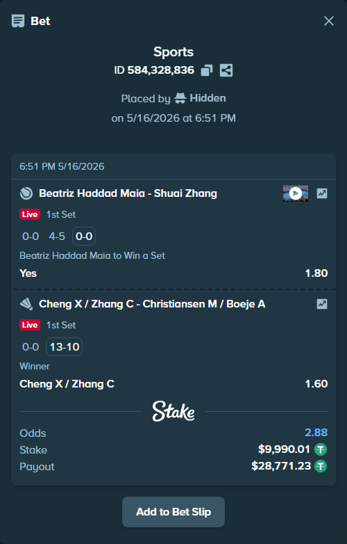 Bet slip: Cheng X / Zhang C - Christiansen M / Boeje A, $10,000.00 stake at 1.60 odds, placed by Hidden