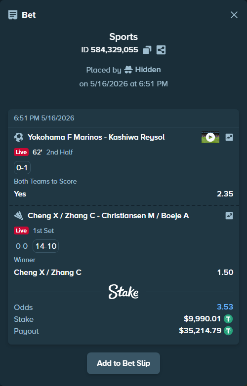 Bet slip: Cheng X / Zhang C - Christiansen M / Boeje A, $10,000.00 stake at 1.50 odds, placed by Hidden