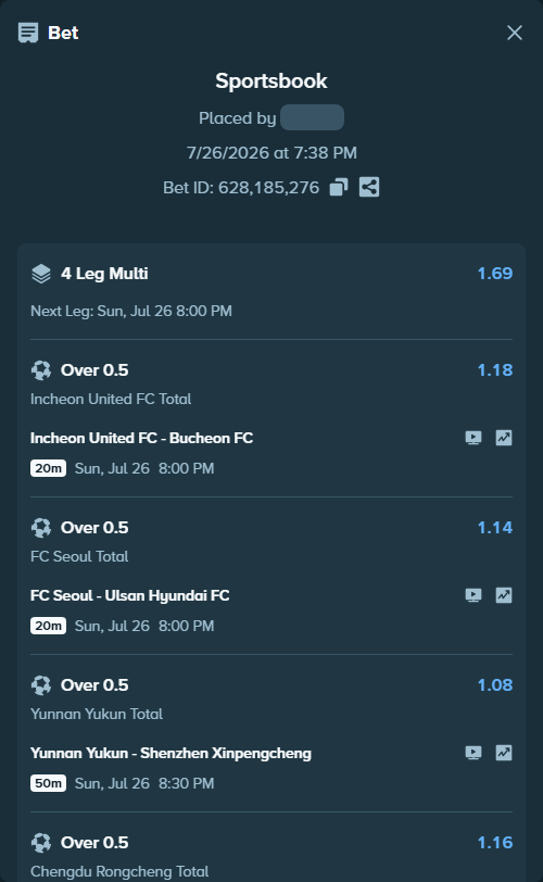 Bet slip: Chengdu Rongcheng - Beijing Guoan, $10,000.00 stake at 1.16 odds, placed by SH7N28