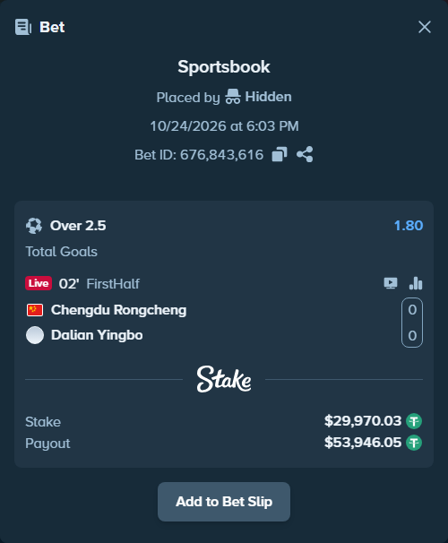 Bet slip: Chengdu Rongcheng - Dalian Yingbo, $30,000.00 stake at 1.80 odds, placed by tlwns4736