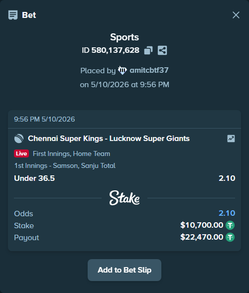 Bet slip: Chennai Super Kings - Lucknow Super Giants, $10,700.00 stake at 2.10 odds, placed by amitcbtf37