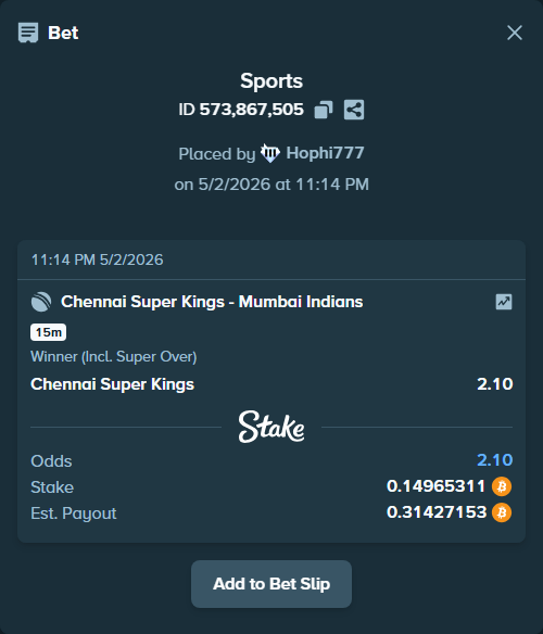 Bet slip: Chennai Super Kings - Mumbai Indians, $9,620.00 stake at 2.10 odds, placed by Hophi777