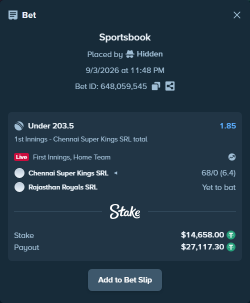Bet slip: Chennai Super Kings SRL - Rajasthan Royals SRL, $14,658.00 stake at 1.85 odds, placed by Hidden