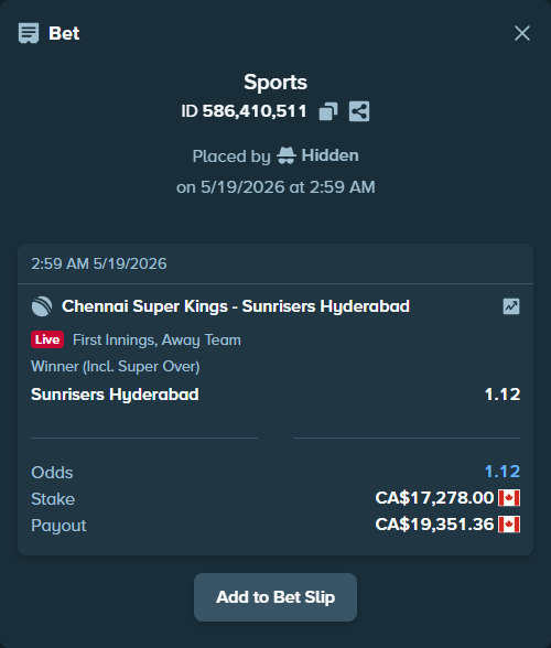 Bet slip: Chennai Super Kings - Sunrisers Hyderabad, $12,785.72 stake at 1.12 odds, placed by Rupam2428