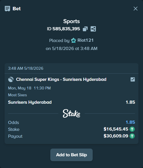 Bet slip: Chennai Super Kings - Sunrisers Hyderabad, $16,562.00 stake at 1.85 odds, placed by Riot121