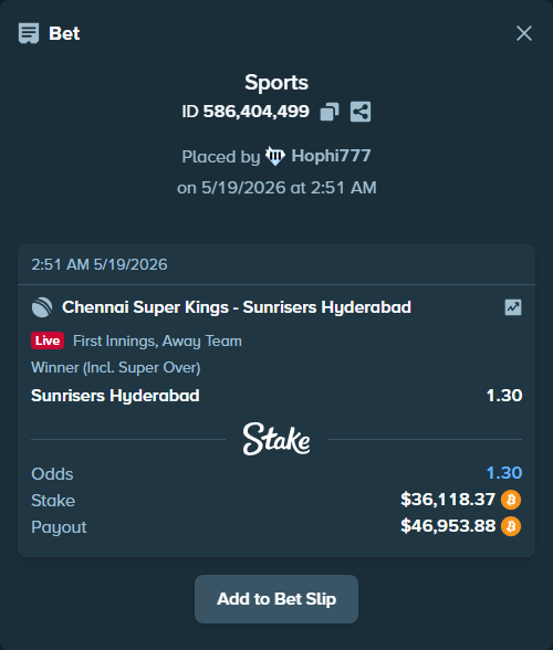 Bet slip: Chennai Super Kings - Sunrisers Hyderabad, $30,277.39 stake at 1.30 odds, placed by Hophi777