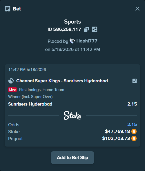Bet slip: Chennai Super Kings - Sunrisers Hyderabad, $39,921.41 stake at 2.15 odds, placed by Hophi777