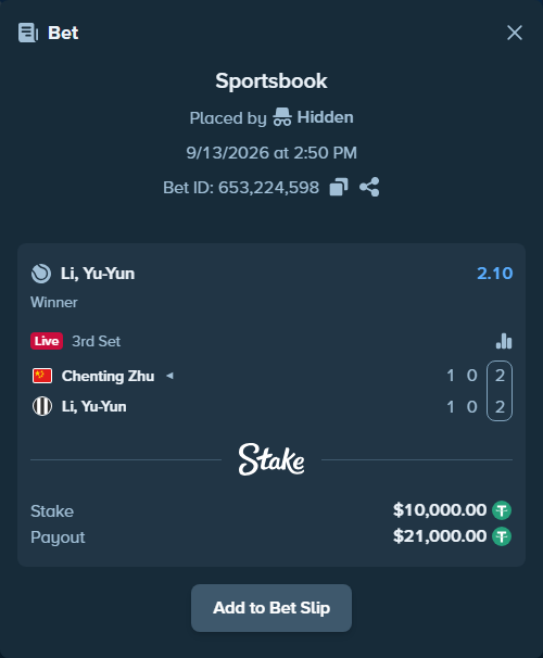 Bet slip: Chenting Zhu - Li, Yu-Yun, $10,000.00 stake at 2.10 odds, placed by Hidden