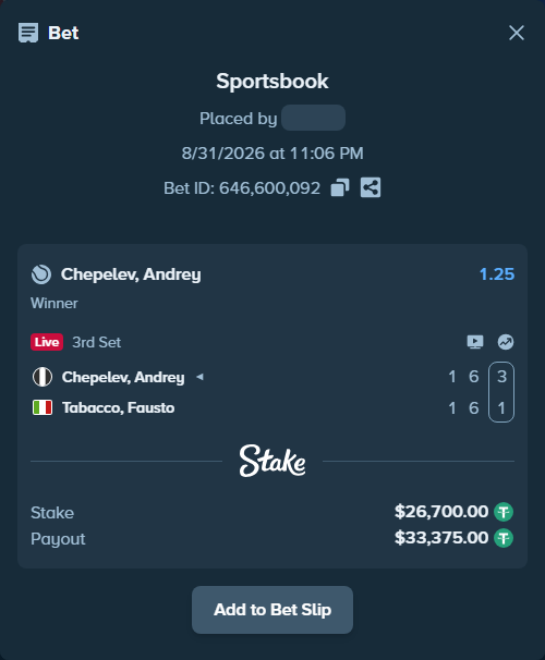 Bet slip: Chepelev, Andrey - Tabacco, Fausto, $26,700.00 stake at 1.25 odds, placed by diomancy