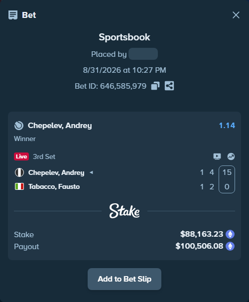 Bet slip: Chepelev, Andrey - Tabacco, Fausto, $87,872.82 stake at 1.14 odds, placed by palakasomani