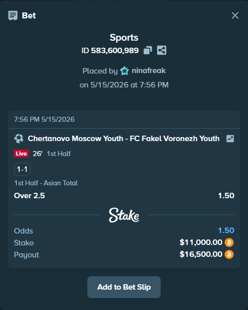 Bet slip: Chertanovo Moscow - FC Fakel Voronezh Youth, $8,780.87 stake at 1.50 odds, placed by ninafreak