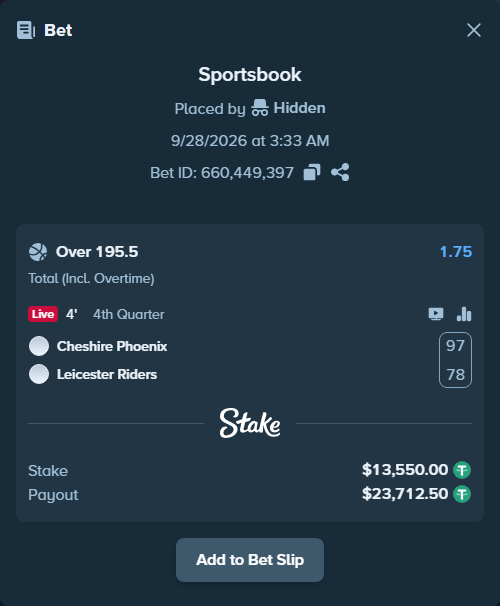 Bet slip: Cheshire Phoenix - Leicester Riders, $13,550.00 stake at 1.75 odds, placed by Kriski99